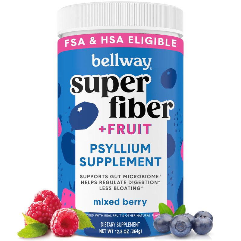 Bellway Super Fiber Powder + Fruit, Sugar Free Organic Psyllium Husk Powder Fiber Supplement for Regularity, Bloating Relief &amp; Gut Health, Non-GMO, Plant-Based, Mixed Berry (50 Servings)