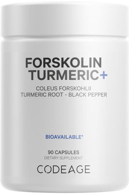 Codeage Forskolin, Pure Forskolin Coleus + Organic Turmeric Root Powder, 95% Curcuminoids + Bioperine Black Pepper - 20% Standardized Coleus Forskohlii - Forskolin Supplement - Non-GMO - 90 Capsules
