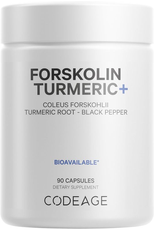 Codeage Forskolin, Pure Forskolin Coleus + Organic Turmeric Root Powder, 95% Curcuminoids + Bioperine Black Pepper - 20% Standardized Coleus Forskohlii - Forskolin Supplement - Non-GMO - 90 Capsules