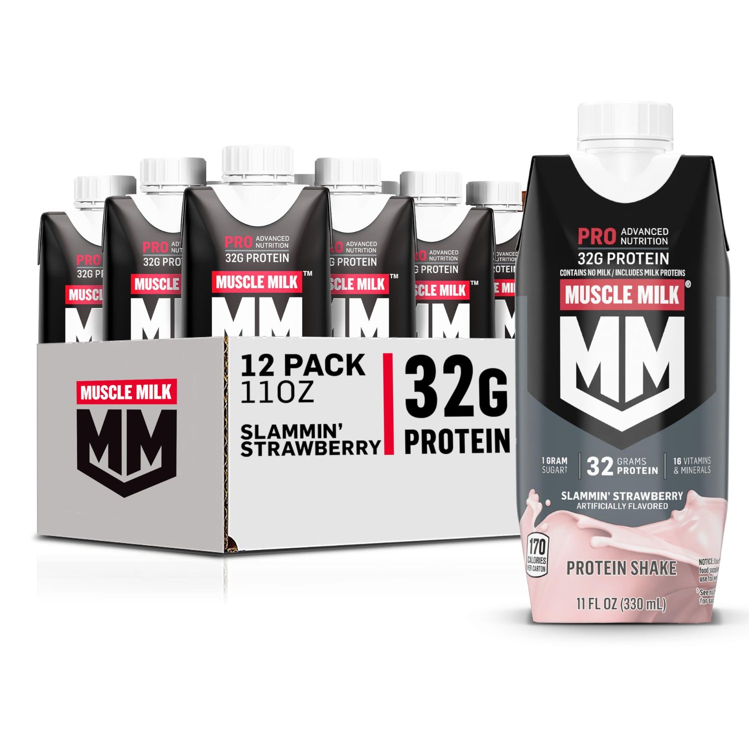 Muscle Milk Pro Advanced Nutrition Protein Shake, Slammin&#39; Strawberry, 11 Fl Oz Carton, 12 Pack, 32g Protein, 1g Sugar, 16 Vitamins &amp; Minerals, 5g Fiber, Workout Recovery, Bottle, Packaging May Vary