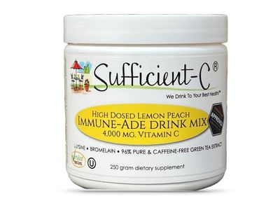 Sufficient-C High-Dosed 4000 mg. Vitamin C Lemon Peach Immune-Ade Drink Mix 250 gram Size - Refreshing with Generously Dosed L-lysine, Bromelain &amp; 96% Pure, Caffeine-Free Green Tea Extract