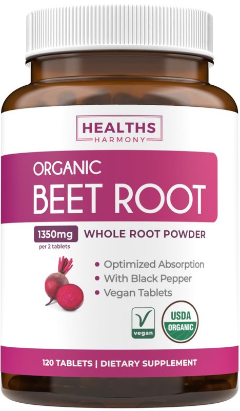 USDA Organic Beet Root Powder (120 Tablets) 1350mg Beets Per Serving with Black Pepper for Extra Absorption - Super Antioxidant and Nitrate Supplement for Athletic Performance and Stamina- No Capsules