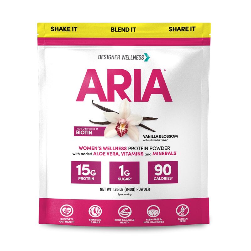 Designer Wellness, Aria, Women&#39;s Wellness Low Calorie Vanilla Protein Powder with Biotin, Vitamin C and Organic Aloe, Vanilla Blossom, 1.85 Pound