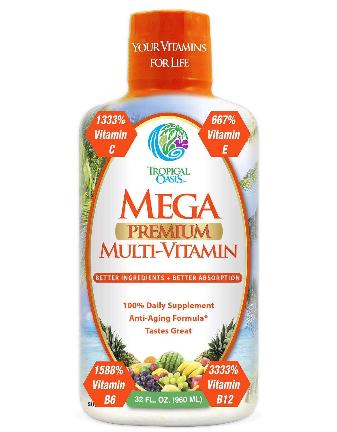 Mega Premium Liquid Multivitamin | Natural Immune Support Vitamin w/ 1333% Vitamin C, 200% D3, Zinc + 20 Vitamins, 70 Minerals, &amp; 21 Amino Acids | Sugar Free | Orange Flavor | 98% Absorption | 32 Serv