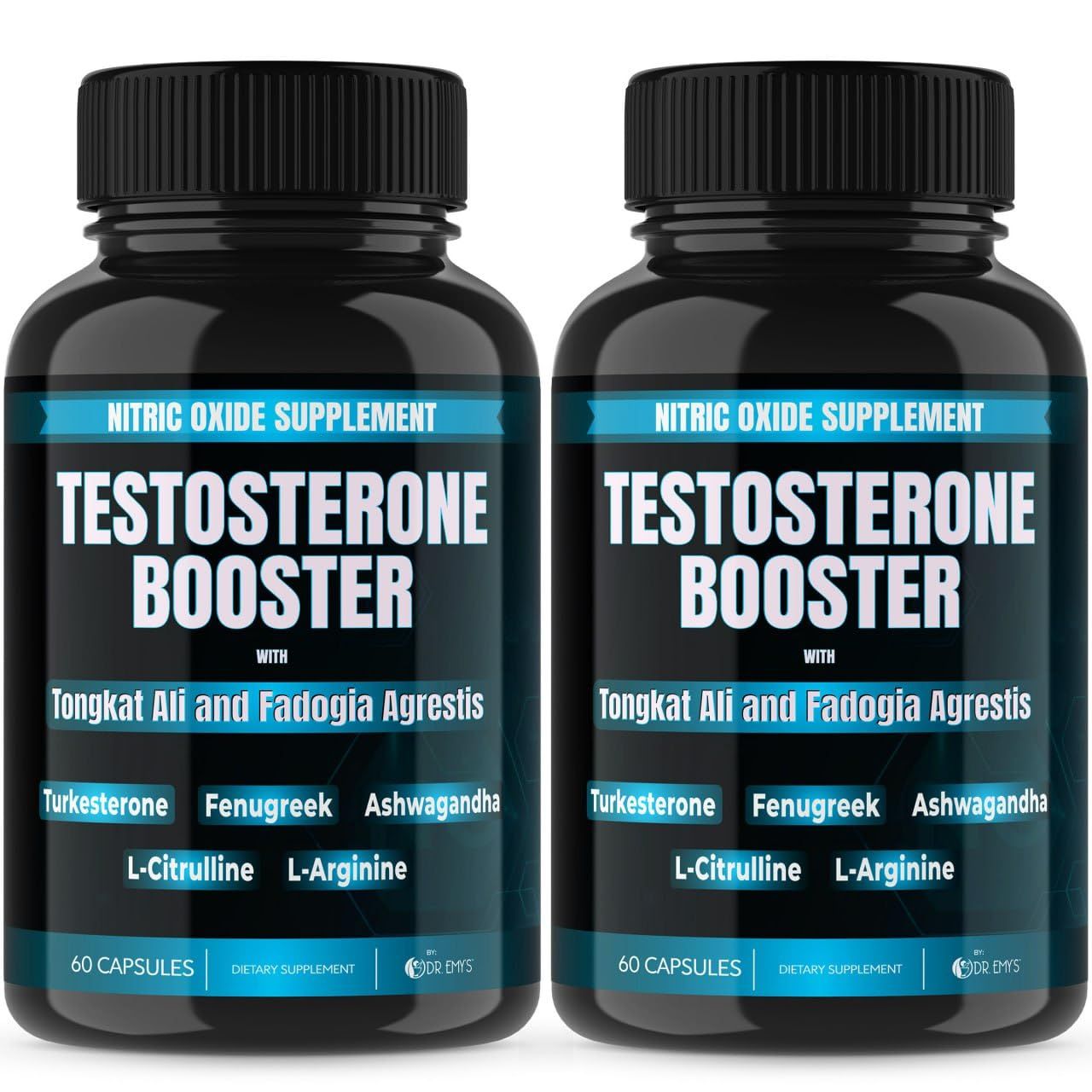 Dr. Emy&#39;s (2 Pack Testosterone Booster-Tongkat Ali Fadogia Agrestis Nitric Oxide Ashwagandha Supplement for Men with L Arginine Citrulline Fenugreek - Turkesterone Pre Workout Pump (120 Capsules)