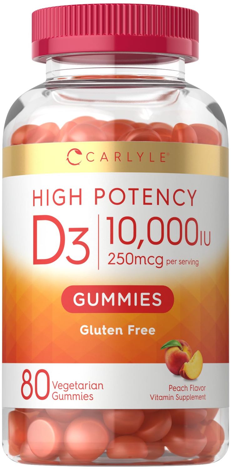 Carlyle Vitamin D3 Gummies | 10,000 iu | 180 Count | Vegetarian, Non-GMO, and Gluten Free Formula | High Potency Vitamin D Supplement | Peach Flavored Gummies