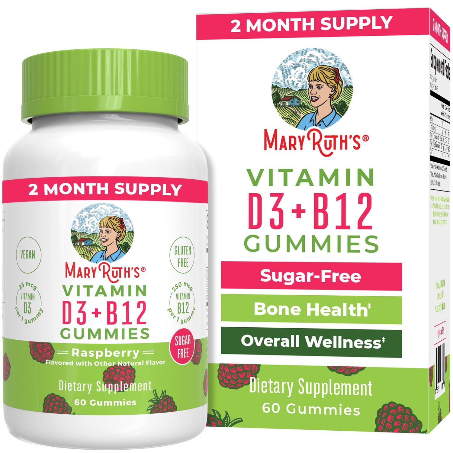 MaryRuth&#39;s | Vitamin D3 + Vitamin B12 Gummy Supplements for Adults &amp; Kids | Supports Bone Health | Energy Boost | Raspberry | Sugar Free | Vegan | Non-GMO | 2 Month Supply