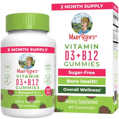 MaryRuth&#39;s | Vitamin D3 + Vitamin B12 Gummy Supplements for Adults &amp; Kids | Supports Bone Health | Energy Boost | Raspberry | Sugar Free | Vegan | Non-GMO | 2 Month Supply