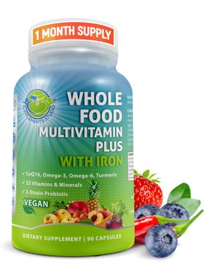 Vegan Whole Food Multivitamin with Iron, Daily Multivitamin for Women and Men, Made with Fruits &amp; Vegetables, B-Complex, Probiotics, Enzymes, CoQ10, Omegas, Turmeric, Non-GMO, 90 Count