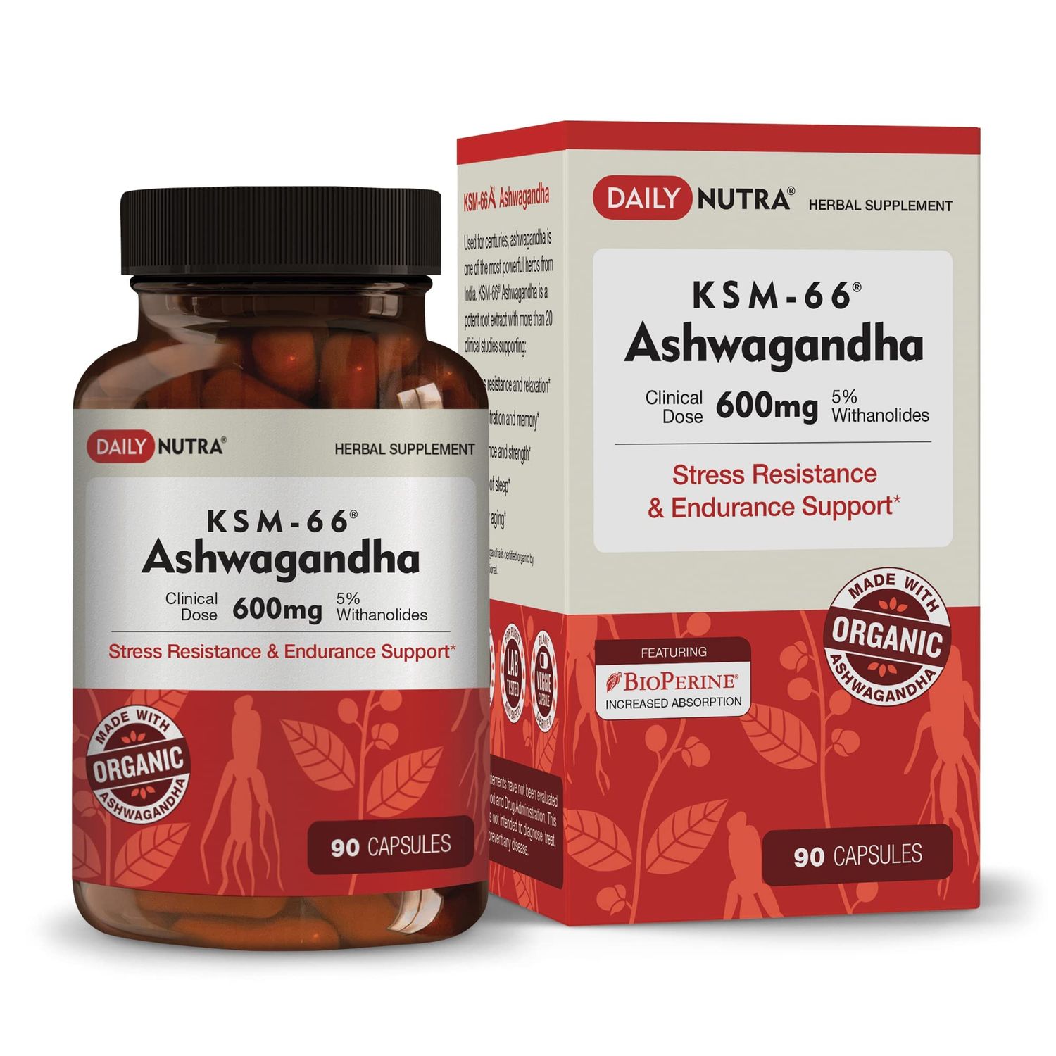 DailyNutra KSM-66 Ashwagandha 600mg Organic Root Extract - High Potency Supplement with 5% Withanolides | Supports Relaxation, Focus, &amp; Energy (90 Capsules)