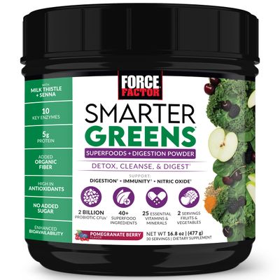 FORCE FACTOR Smarter Greens Superfoods Powder to Support Digestion, Gut Health, Bloating, Greens Powder with Probiotics, Prebiotics, Digestive Enzymes, &amp; Adaptogens, Pomegranate Berry, 30 Servings