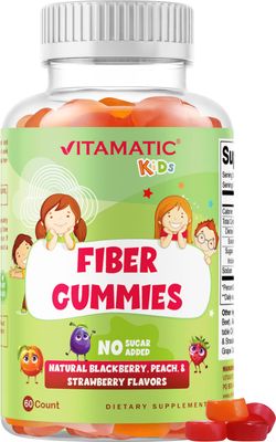 Vitamatic Kids Prebiotic Fiber Gummies - 4G Fiber Extra Strength - Zero Sugar Added - 60 Pectin Based Gummies - Digestive Health &amp; Regularity Support