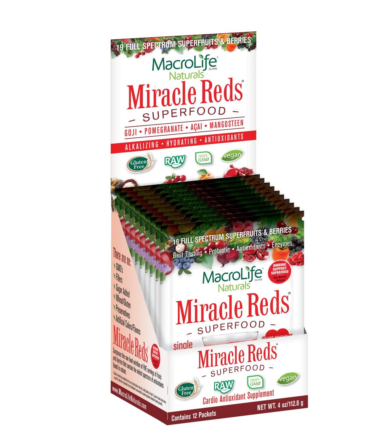 MacroLife Naturals Miracle Reds Superfood Supplement Powder Antioxidants Polyphenols Enzymes Probiotics - Raw Non-GMO Organic Vegan Gluten &amp; Dairy Free (12 Packet)