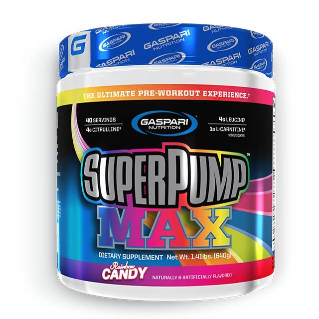 Gaspari Nutrition Super Pump Max, Pre Workout Supplement 40 Servings, Sustained Energy &amp; Nitric Oxide Booster Supports Muscle Growth, Recovery &amp; Replenish (40 Servings, Rainbow Candy)