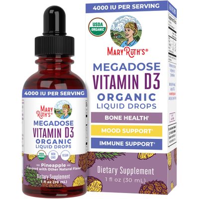 MaryRuth Organics Vitamin D3 Liquid Drops | Megadose 4000 IU | USDA Organic Liquid Vitamin D Spray for Adults &amp; Kids | Immune Support &amp; Bone Health | Vegan | Gluten Free | Non-GMO | 30 Servings