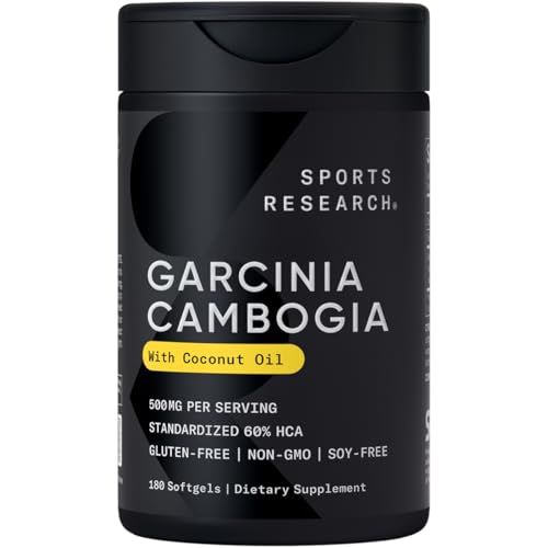 Sports Research Garcinia Cambogia Extract (60% HCA) with Extra Virgin Organic Coconut Oil | Non-GMO, Soy &amp; Gluten Free (180 Liquid Softgels)