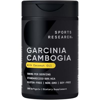 Sports Research Garcinia Cambogia Extract (60% HCA) with Extra Virgin Organic Coconut Oil | Non-GMO, Soy &amp; Gluten Free (180 Liquid Softgels)