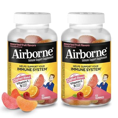 Airborne 750mg Vitamin C Gummies For Adults, Immune Support Gummies With Powerful Antioxidants Vit C &amp; E, Caffeine Free - 2x63ct Bottle (42 Servings), Assorted Fruit Flavor