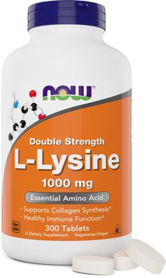 Now Foods L-Lysine 1000mg - Double Strength - 300 Tablets - Non-GMO Amino Acid Supplement (Llysine Hydrochloride)- 1000 mg Tabs - Vegan/Vegetarian