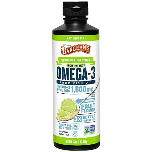 Barlean&#39;s Key Lime Pie High Potency Omega 3 Fish Oil Liquid Supplement, 1500mg of EPA &amp; DHA Fatty Acid, Smoothie Flavored &amp; Burpless for Brain, Joint, &amp; Heart Health, 16 oz