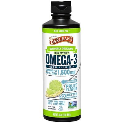 Barlean&#39;s Key Lime Pie High Potency Omega 3 Fish Oil Liquid Supplement, 1500mg of EPA &amp; DHA Fatty Acid, Smoothie Flavored &amp; Burpless for Brain, Joint, &amp; Heart Health, 16 oz