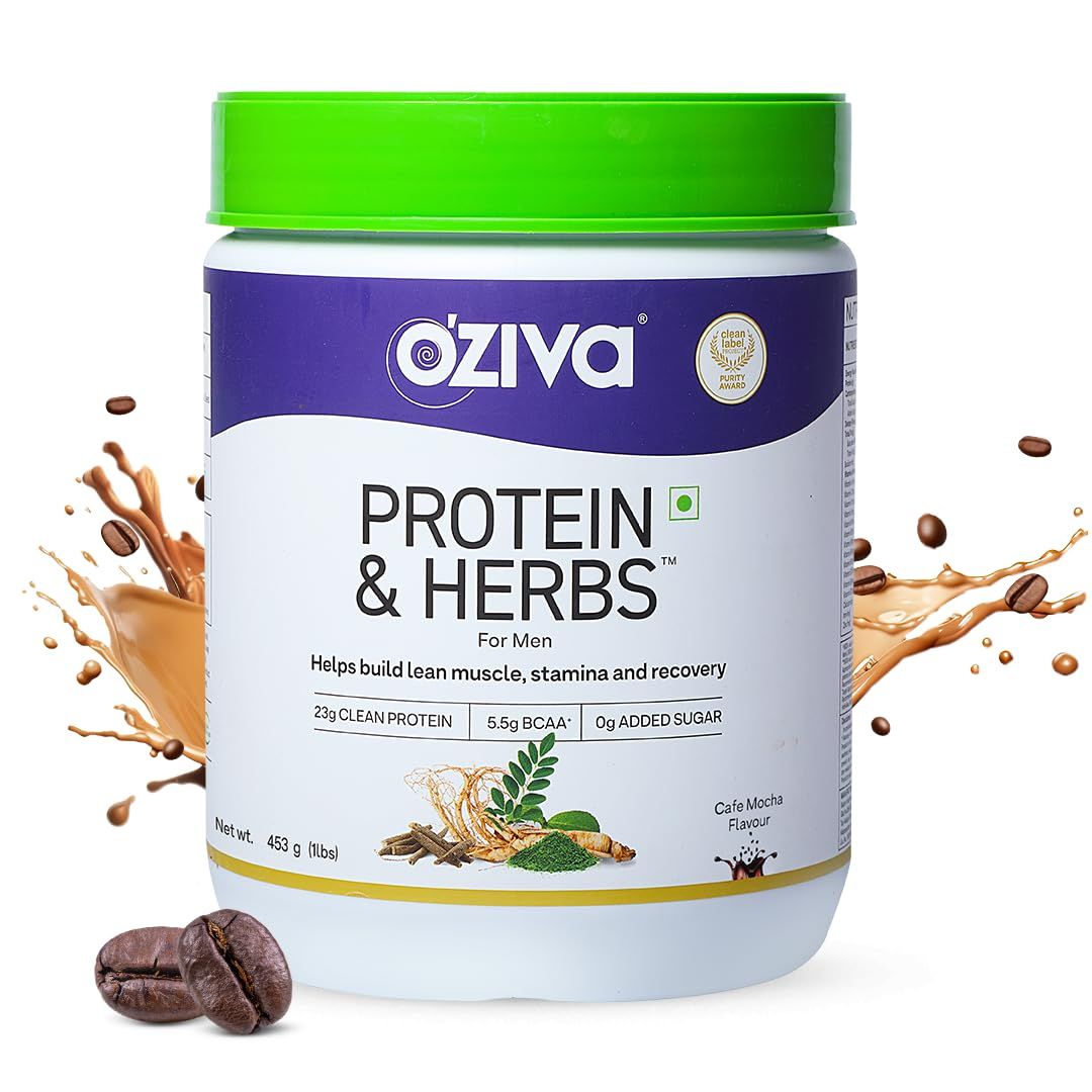 OZiva Protein &amp; Herbs, Men with Multivitamins,Ashwagandha,Brahmi,Maca, Musli for Improved Stamina, Lean Muscles &amp; Recovery 1.1 lbs, Cafe Mocha. Soy Free, Gluten Free, Non GMO