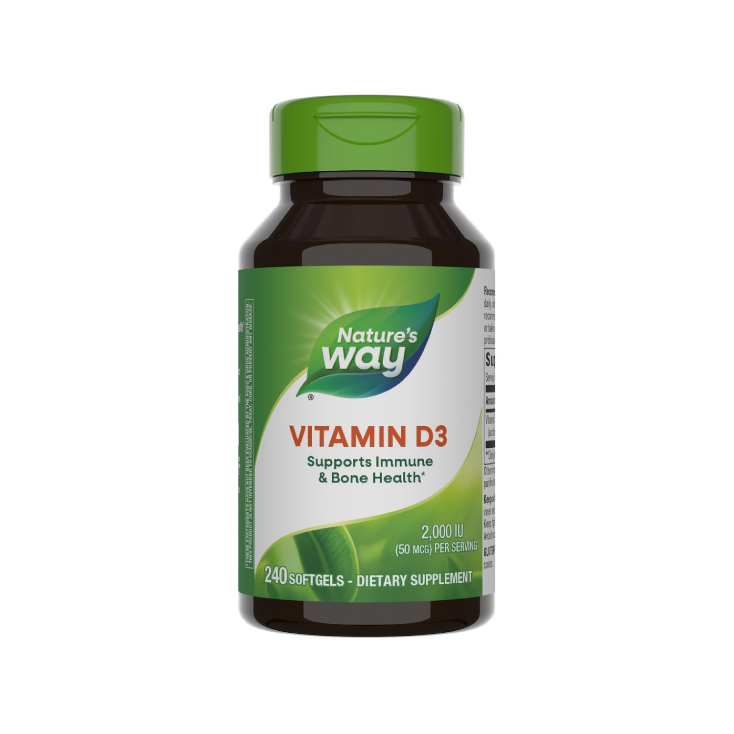 Nature&#39;s Way Vitamin D3 Extra Strength** - 50 mcg Cholecalciferol - Bone Health Supplement* - Immune Function Support* - Gluten Free - 240 Softgels