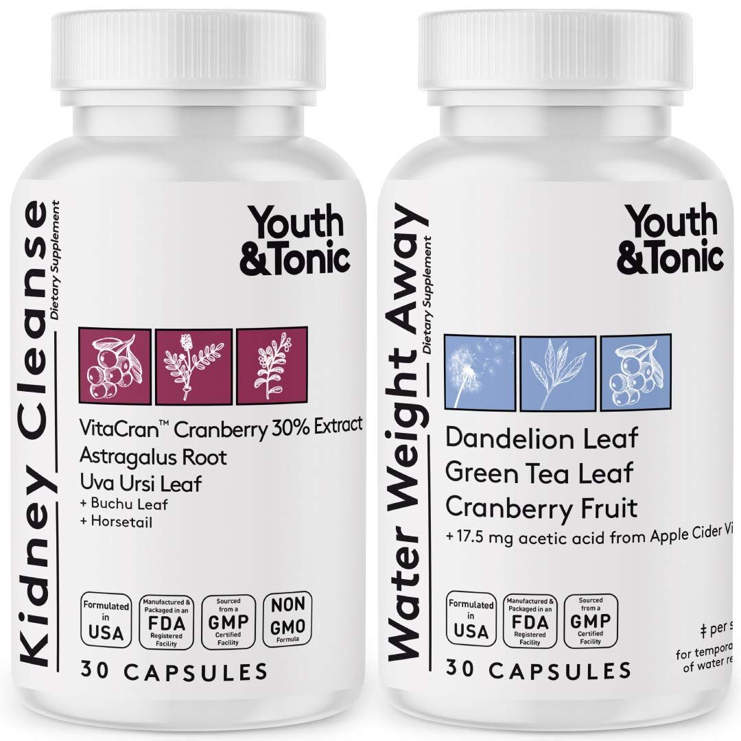 Youth &amp; Tonic Daily Water Retention Pills for Kidney Cleanse Swelling and Excess Body Fluids &amp; Metabolic Waste / 30 + 30 Capsules