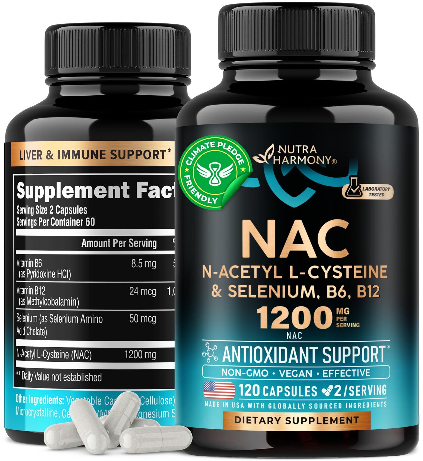 NAC Supplement | Selenium | B6 | B12 - Antioxidant, Immune Support - N Acetyl Cysteine 600 mg per Capsule, 1200 mg per Serving - Made in USA - Non-GMO, Gluten-Free, Vegan - 2 Month Supply