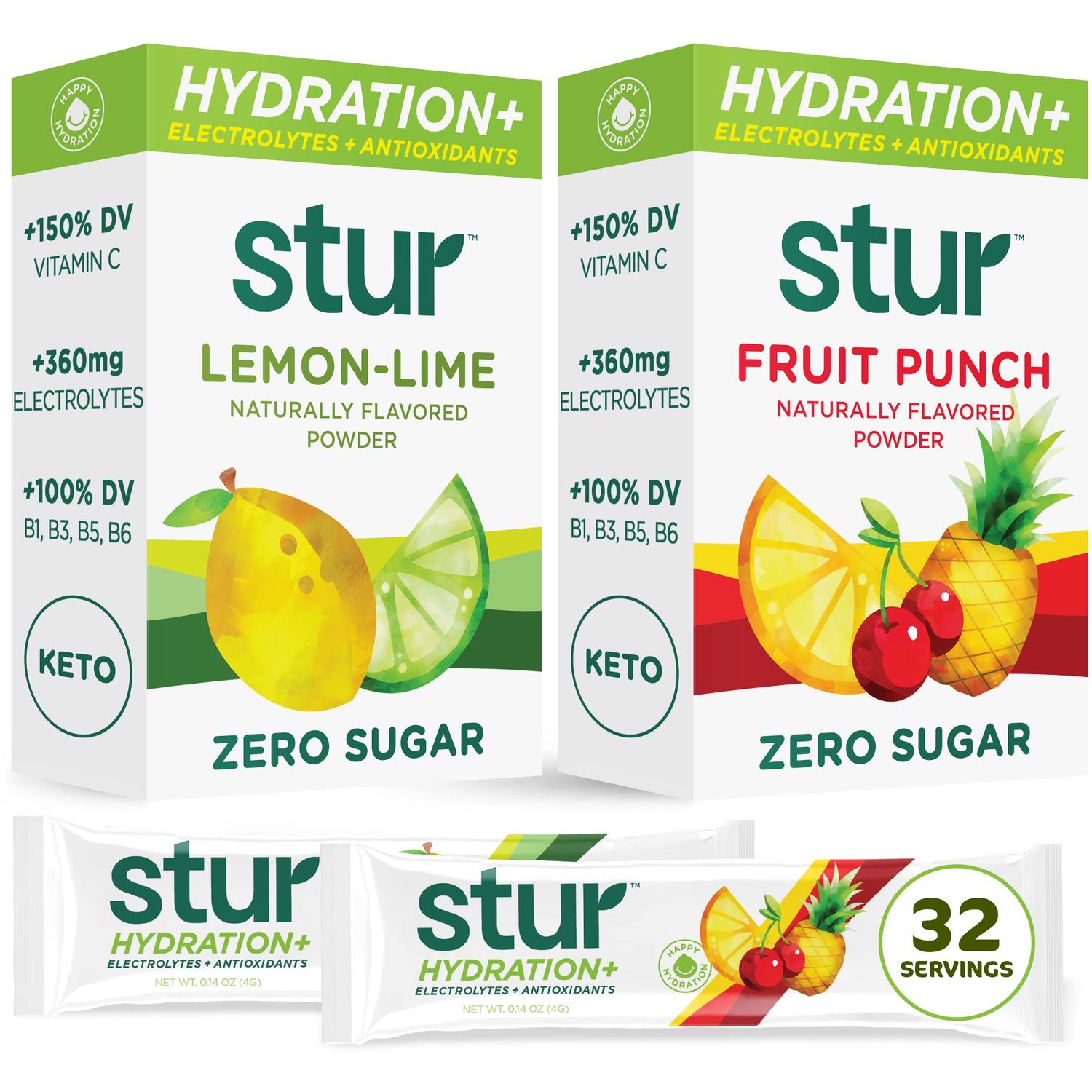 Stur Electrolyte Hydration Powder | Variety Pack| High Antioxidants &amp; B Vitamins | Sugar Free | Non-GMO | Daily Hydration &amp; Workout Recovery | Keto | Paleo | Vegan (32 Packets)