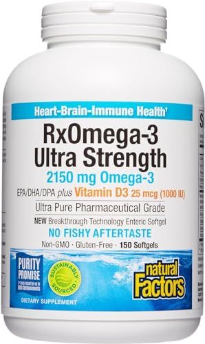 Natural Factors RxOmega-3 Ultra Strength Fish Oil with Vitamin D3, High Potency Formula, 2,150 mg, No Fishy Aftertaste, 150 Softgels