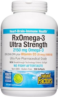 Natural Factors RxOmega-3 Ultra Strength Fish Oil with Vitamin D3, High Potency Formula, 2,150 mg, No Fishy Aftertaste, 150 Softgels