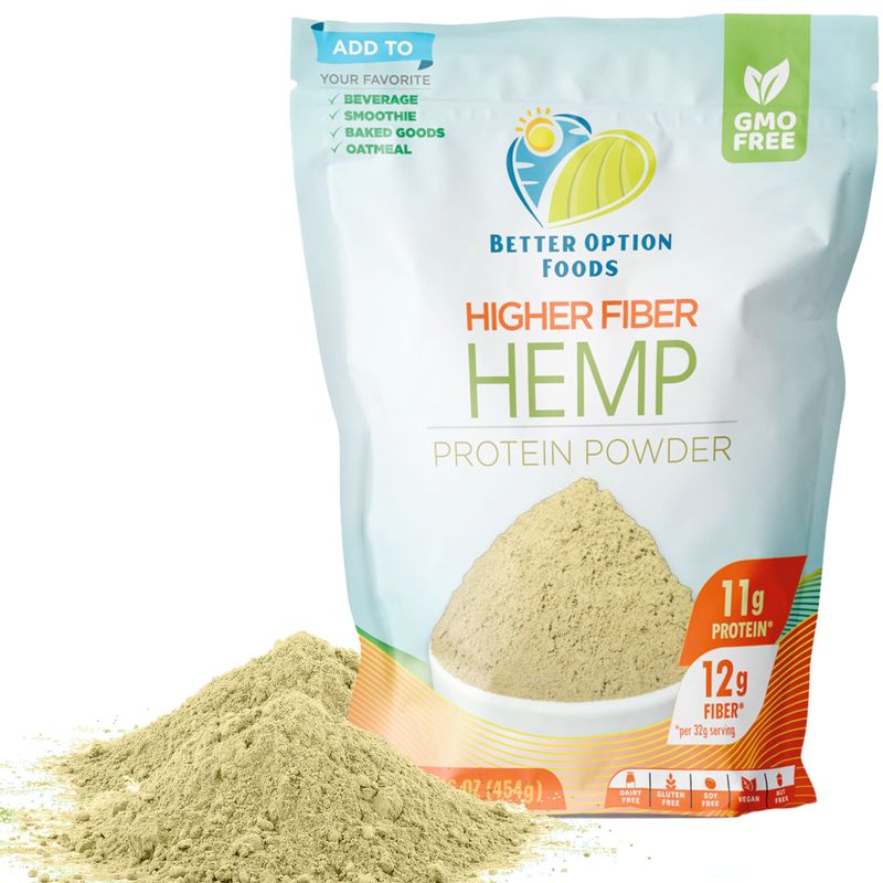 Better Option Foods Hemp Protein Powder - Plant Based Protein Powder with Higher Hemp Fiber &amp; Essential Amino Acids - Easy-to-Digest Vegan Protein Powder for Oatmeal, Smoothies, &amp; Baked Goods, 16oz