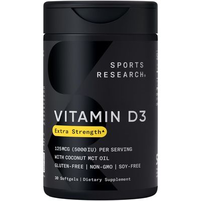 Sports Research Vitamin D3 5000 IU with Coconut MCT Oil - High Potency Vitamin D Supplement for Immune &amp; Bone Support - Non-GMO Verified, Gluten &amp; Soy Free - 125mcg, 30 Liquid Softgels