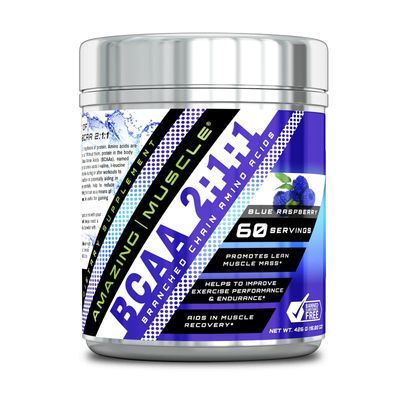 Amazing Muscle BCAA 2:1:1 Branched Chain Amino Acids Supplement | 6000 Mg Per Serving | 60 Servings Per Bottle | Blue Raspberry Flavor