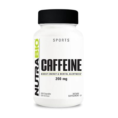 NutraBio 100% Pure Caffeine Capsules (250 Capsules)