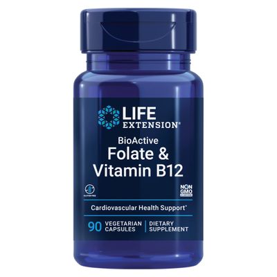 Life Extension BioActive Folate &amp; Vitamin B12, Promotes Heart, Brain &amp; GI Tract Health, Non-GMO, Gluten-Free, Vegetarian, 90 Capsules