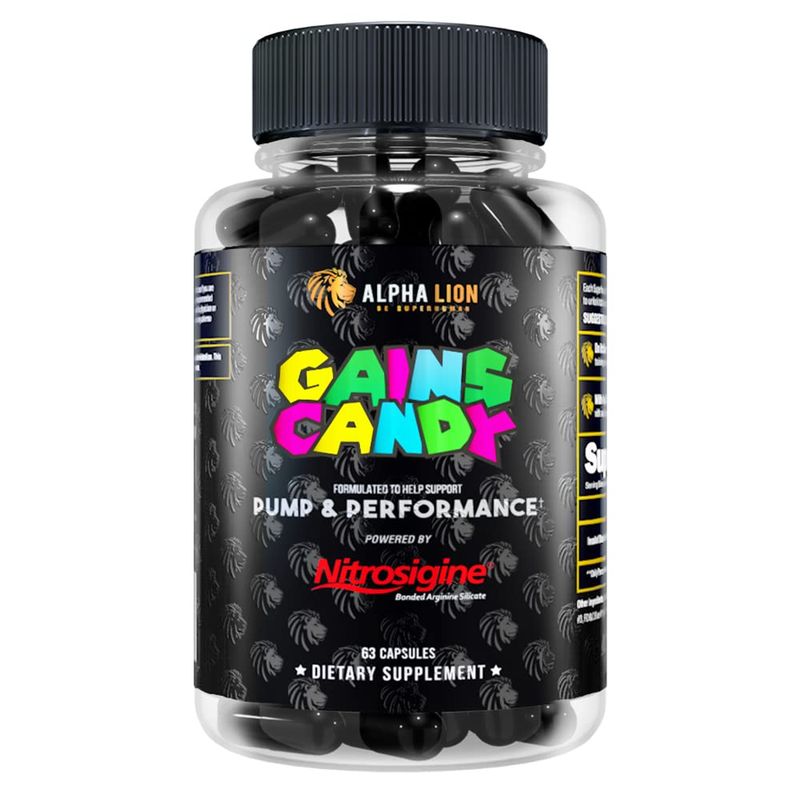 ALPHA LION Gains Candy, Supplement Pills for Muscle Pump &amp; Blood Flow, Nitric Oxide Booster, Supports Mental Focus, Use Daily to Upgrade Workout Performance, 63 Capsules (Nitrosigine)