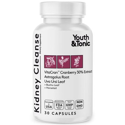 Youth &amp; Tonic Kidney Cleanse &amp; Detox Supplement with Cranberry Extract - Supports Urinary Tract Health, Bladder and Kidney Health - Vegan, Non-GMO - 30 Vegetarian Pills