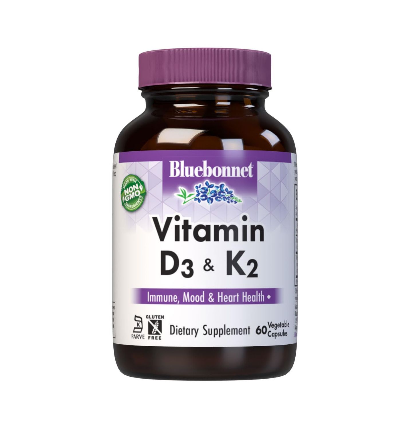 Bluebonnet Nutrition Vitamin D3 &amp; K2, Soy-Free, for Strong-Healthy Bones*, Gluten-Free, Non-GMO, Dairy-Free, Kosher Certified, Vegetarian, 60 Vegetable Capsules, 60 Servings