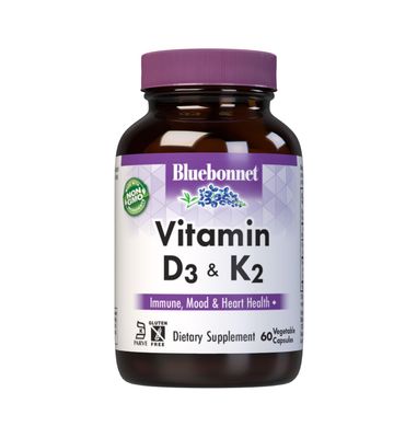 Bluebonnet Nutrition Vitamin D3 &amp; K2, Soy-Free, for Strong-Healthy Bones*, Gluten-Free, Non-GMO, Dairy-Free, Kosher Certified, Vegetarian, 60 Vegetable Capsules, 60 Servings