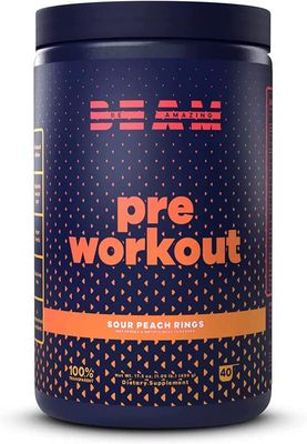 Be Amazing Pre-Workout Powder | Vegan Energy Booster Powdered Drink with All-Natural Caffeine, No Crash, No Jitters | Gluten-Free Supplement with Adaptogens | Sour Peach Rings, 40 Scoops