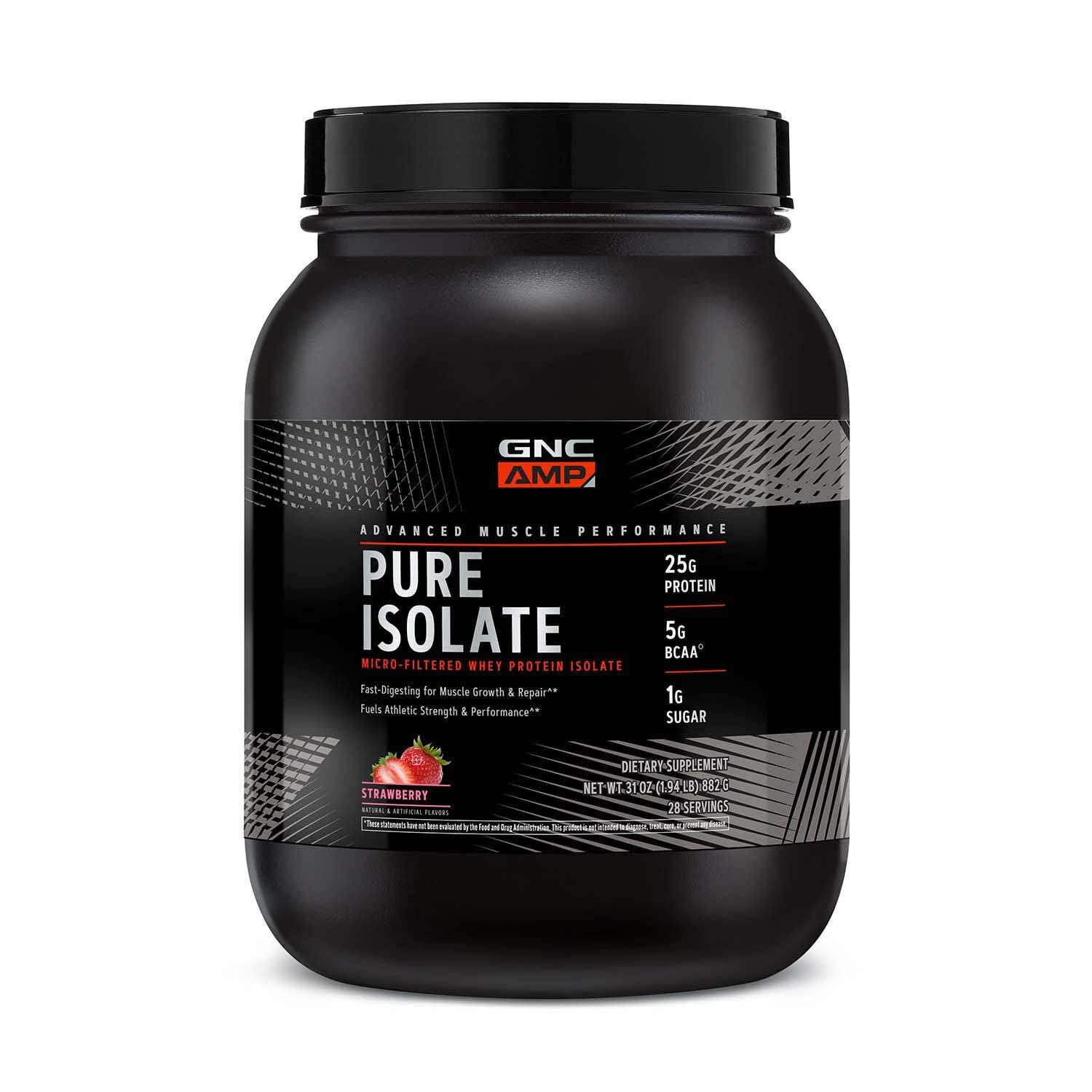GNC AMP Pure Isolate Protein Powder| 25g Whey Protein Isolate with 5g BCAA | Fuels Athletic Strength, Performance, and Muscle Growth | Strawberry | 28 Servings