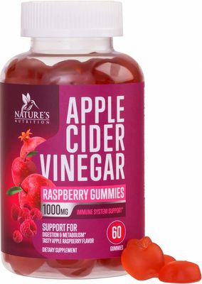 Vegan Apple Cider Vinegar Gummies 1000mg for Detox &amp; Cleanse, ACV Gummy Vitamin B12 for Digestion Metabolism &amp; Immune Health Support, Natural Apple Raspberry Flavor, Gluten Free - 60 Gummies