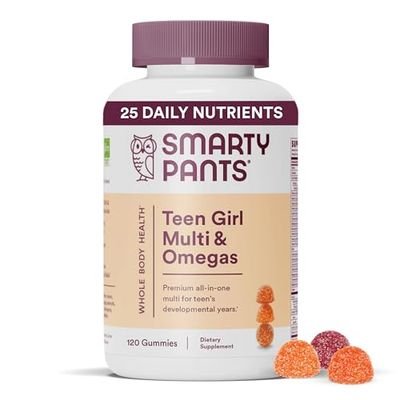 SmartyPants Teen Girl Multivitamin Gummies: Omega 3 Fish Oil (EPA/DHA), Vitamin C, D3, B12, Vitamin A, K &amp; Zinc, Gluten Free, Includes Biotin to Support Hair, Skin &amp; Nails, 120 Count (30 Day Supply)