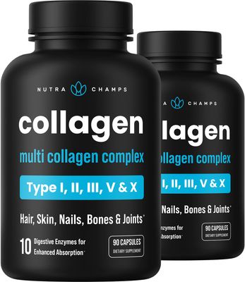 Multi Collagen Pills | Types I,II,III,V,X | Double Hydrolyzed Collagen Peptides Powder Capsules | Healthy Skin, Hair, Nails, Joints | Keto Protein Supplement for Women &amp; Men | 180 Capsules (2 Pack)