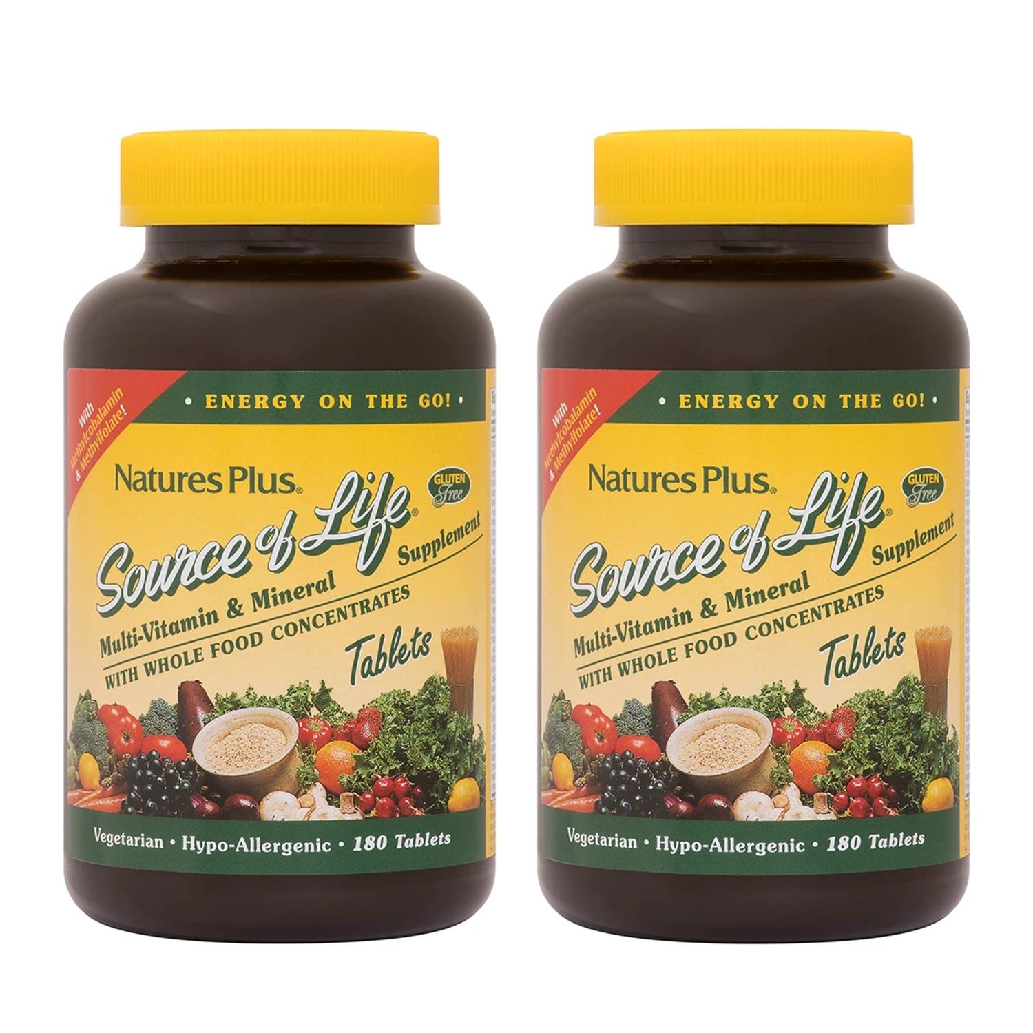 Natures Plus Source of Life - 180 Tablets - Multivitamin &amp; Mineral Supplement with Concentrated Whole Foods - Gluten Free, Vegetarian - 60 Servings