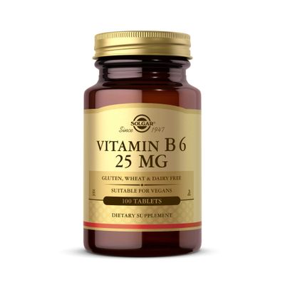 Solgar Vitamin B6 25 mg, 100 Tablets - Supports Energy Metabolism, Heart Health &amp; Healthy Nervous System - B Complex Supplement - Vegan, Gluten Free, Dairy Free, Kosher - 100 Servings