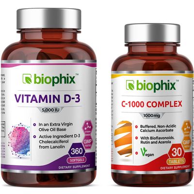 biophix Vitamin D-3 5000 IU 360 Softgels - Free Vitamin C-1000 30 Tablets - High-Potency in Extra Virgin Olive Oil Non-GMO Soy-Free Supports Strong Bones Immune Health