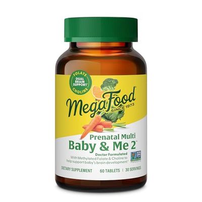 MegaFood Baby &amp; Me 2 Prenatal Vitamin and Minerals - Vitamins for Women - with Folate (Folic Acid Natural Form), Choline, Iron, Iodine, and Vitamin C, Vitamin D and more - 60 Tabs (30 Servings)